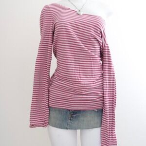 pink gray striped off shoulder long sleeve top